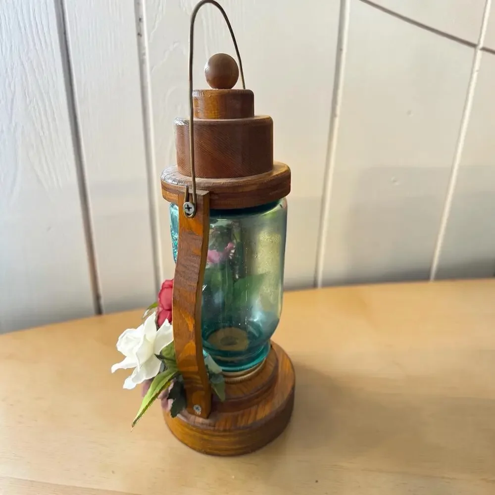 Vintage Handmade Wood Candle Lantern Aqua Perfect Mason Jar Silk Flowers